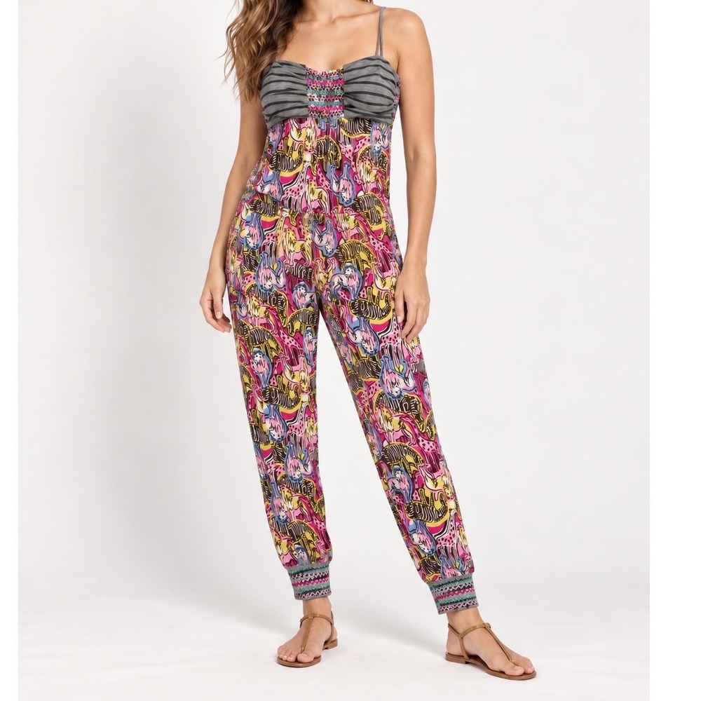 Agua Bendita Enterizo Jumpsuit Small Safari Animal Print Smocked Pink Multi